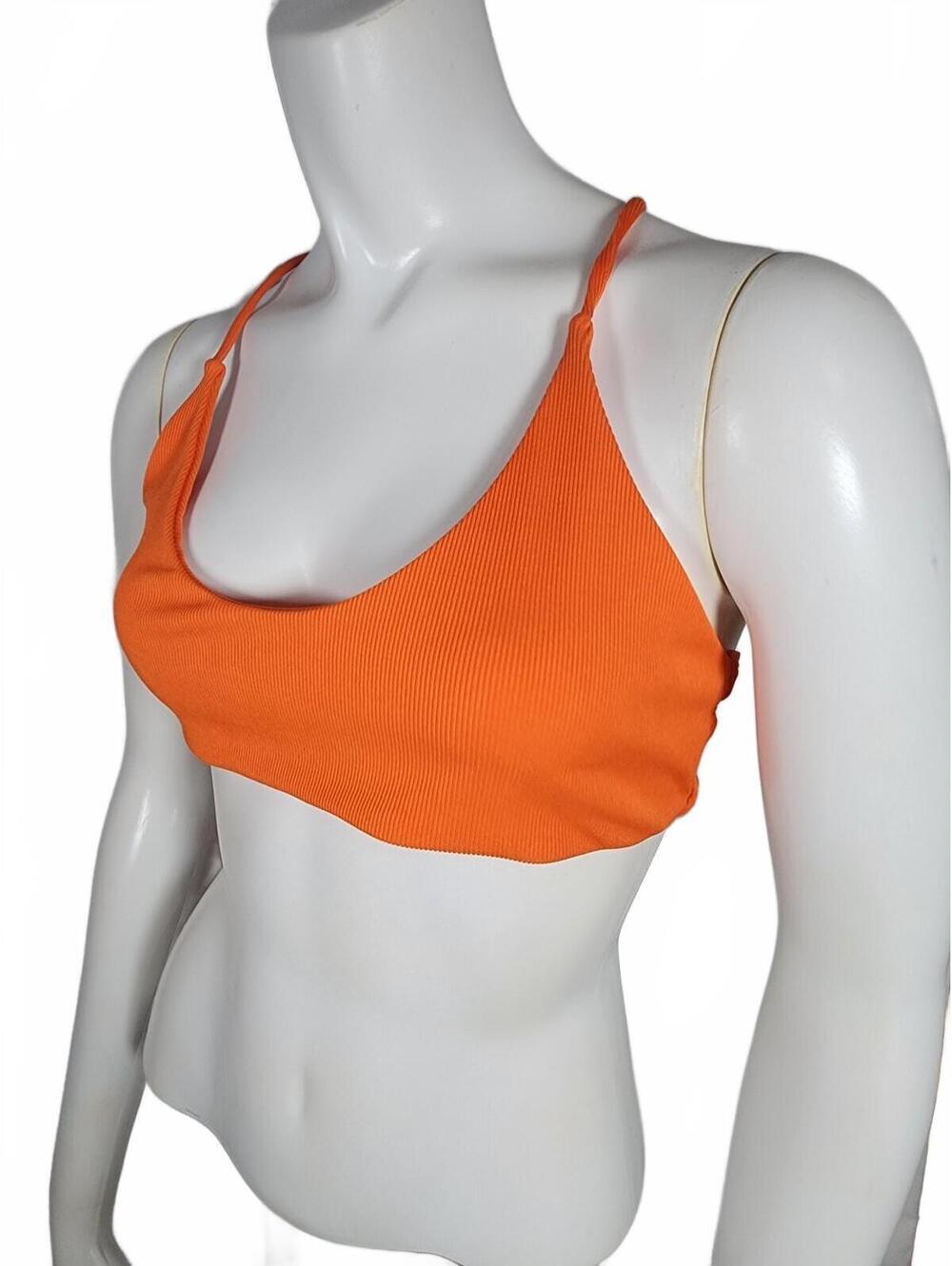 Women's Sporty Orange Ribbed Bikini Top with Tie Back, Size XL